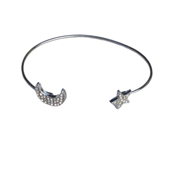 Rhinestone Silver Bangle Star Moon Celestial Bracelet Diamond open adjustable - Picture 2 of 5